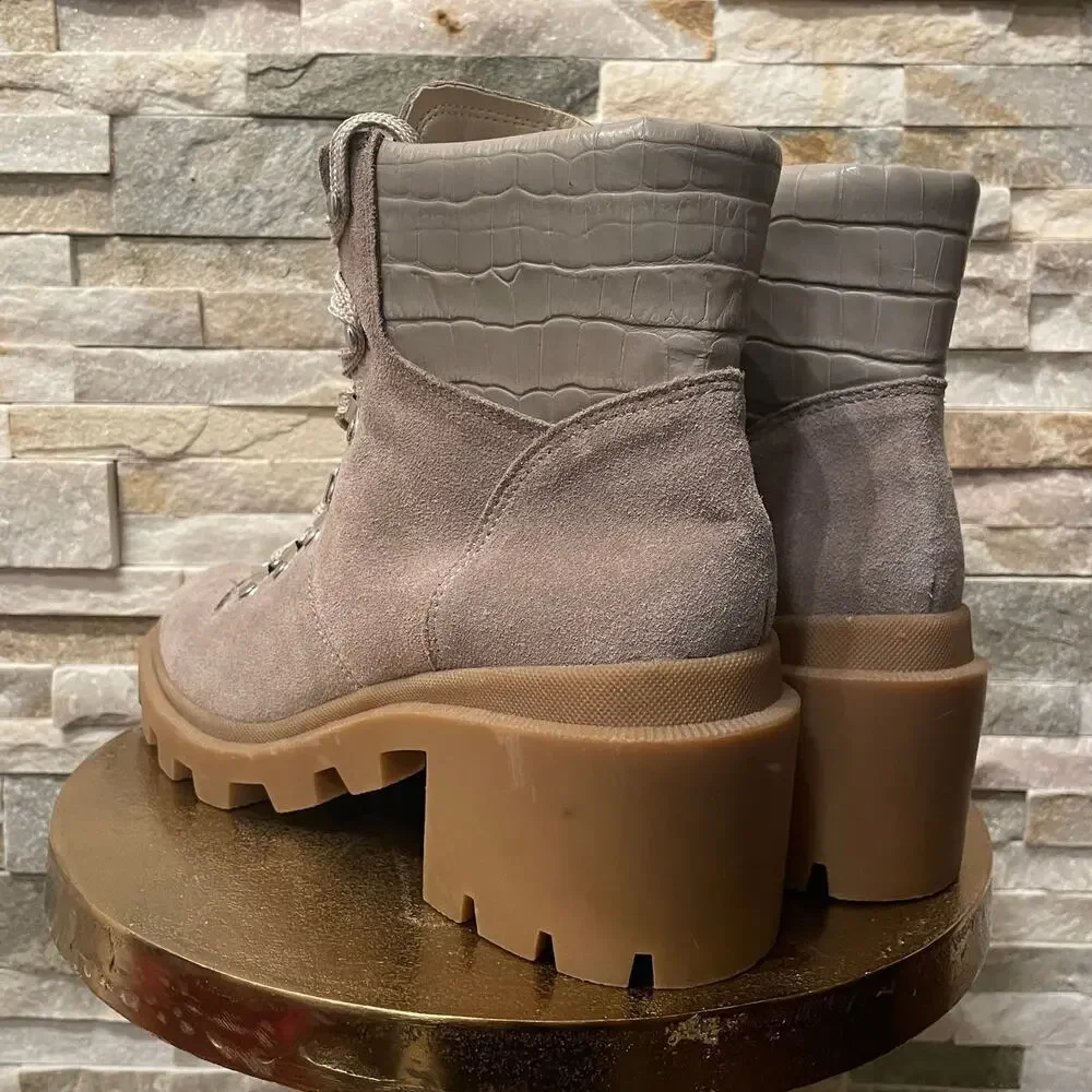 New Dolce Vita Rubi Lug Sole Combat Boots | Taupe Suede Croc Trim NWOB, 10